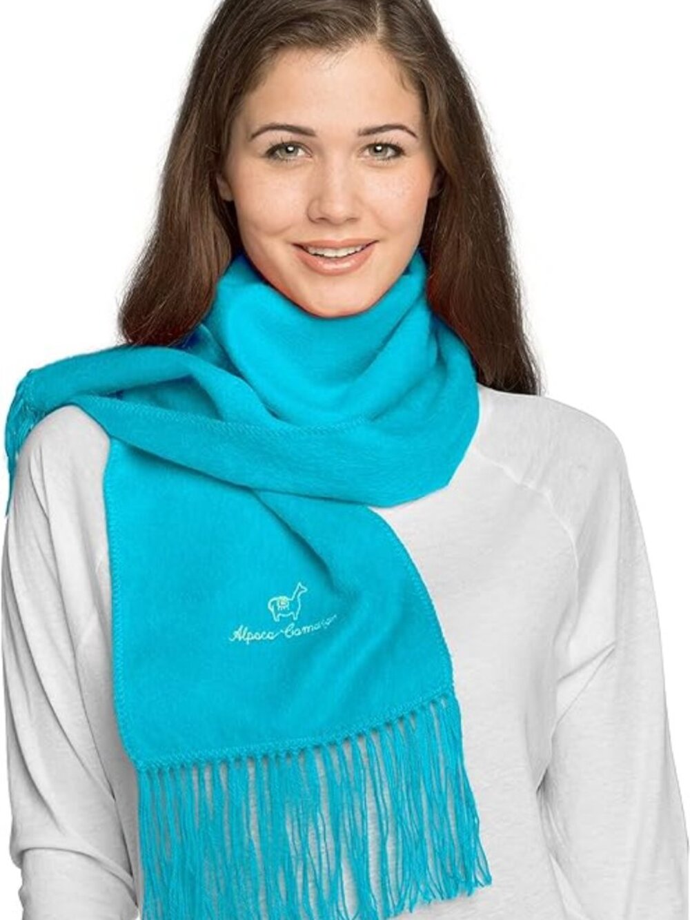 9x68 alpaca camago deep turquoise alpaca wool scarf 5" knoted fringe ends